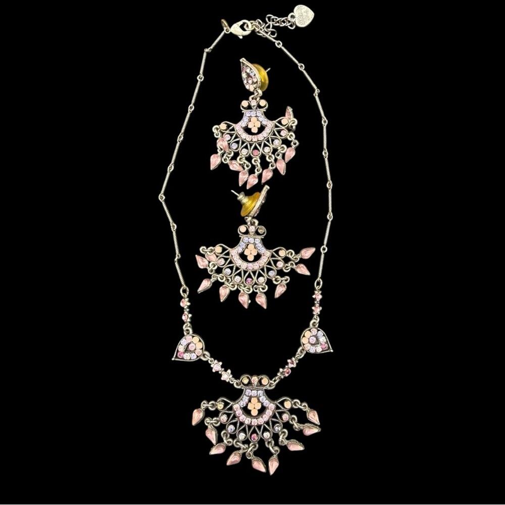 Vintage Yoni Z Pink Silver Chandelier Necklace and Earring Set